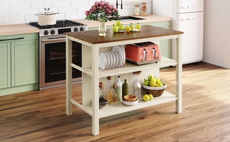 TOPMAX Solid Wood Rustic 45" Stationary Kitchen Island, Rubber Wood Butcher Block Dining Table Prep Table with 2 Open Shelves for Small Places