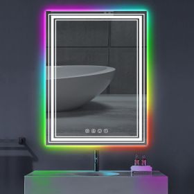 20*28 in Anti-Fog Smart Touch Mirror RGB LED Bathroom Mirror with Backlit Color Changing and 3 Front Lighting