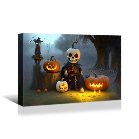 Drop-Shipping Framed Canvas Wall Art Decor Painting For Halloween, Skeleton with Jack-o-lanterns Painting For Halloween Gift