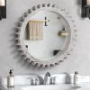 Vintage 34'' x 34'' Wood Round Hanging Gear Shape Heavy Decorative Mirror For Bathroom Living Room Entryway Or Put Together To Your Liking.(Antique Wh