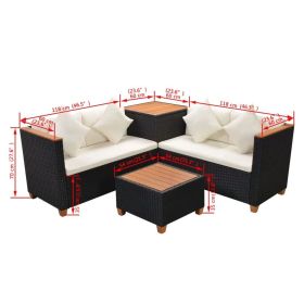 vidaXL 4 Piece Patio Lounge Set with Cushions Poly Rattan Black (Option: as picture)